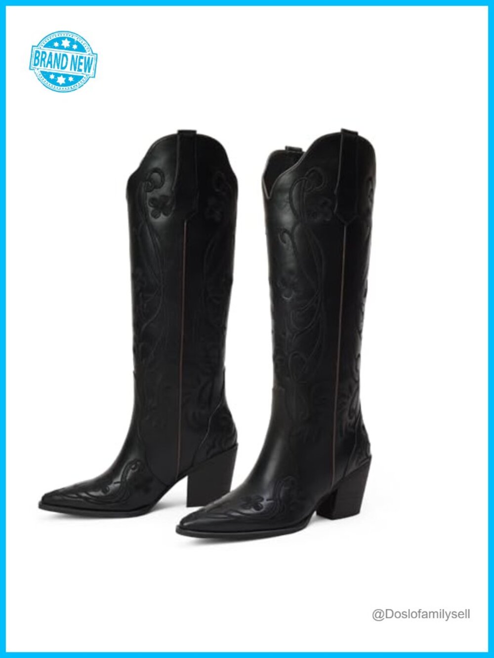 Knee High Faux Leather Cowgirl Boots Floral Embroidered Block Heel Western